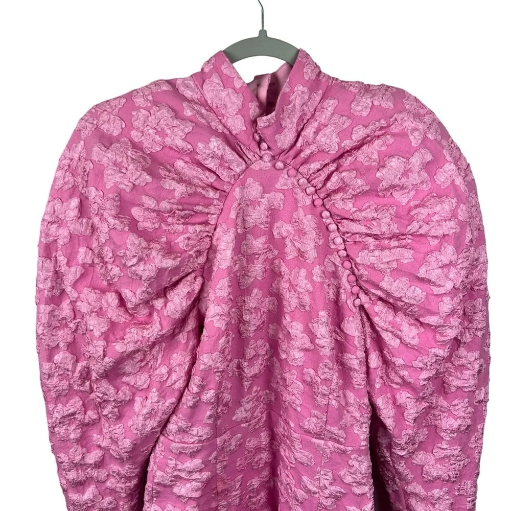 Textured Pink Puff-Sleeve Mini Dress - Picture 14 of 16